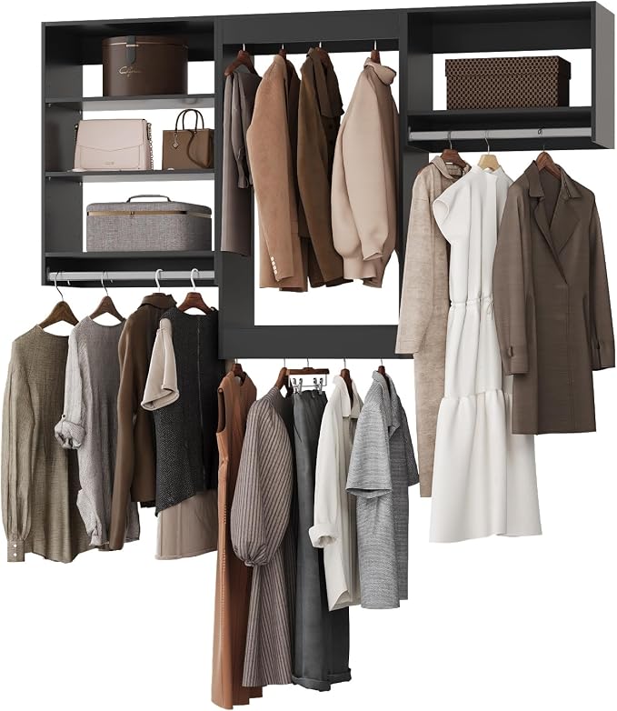 ROOMTEC Modular Closet System, 84" Closet Organizer with Hanging Rods, Wall-Mounted Wooden Tower for Walk-In Closets, Wardrobe Storage Kit, Black