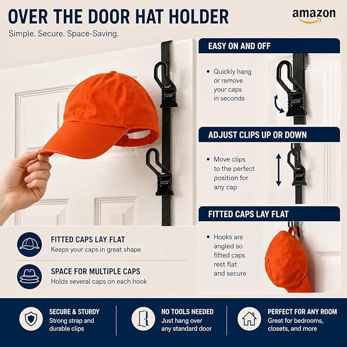 FOR 8-FEET DOORS ONLY! Perfect Curve CapRack | Over-The-Door Hat Organizer for Baseball Caps | 2 Straps, Holds 18-36 Adjustable Caps | Black