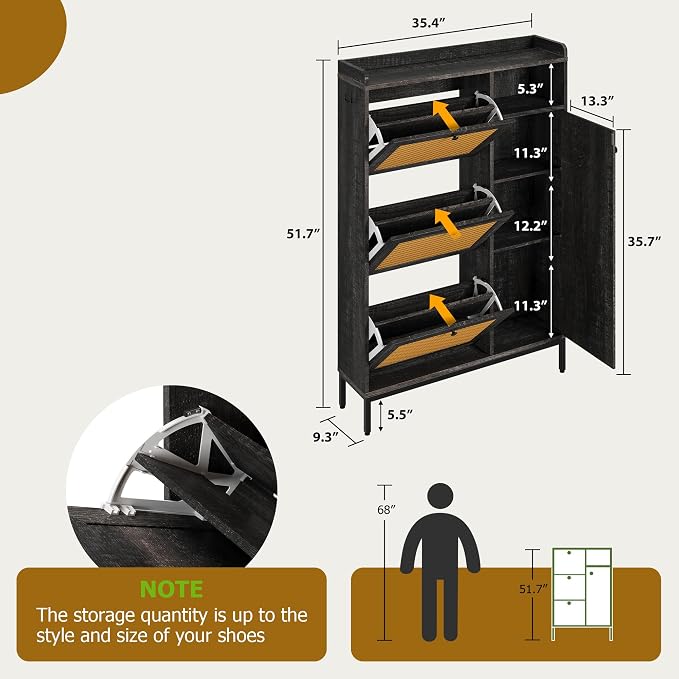 GarveeHome Shoe Cabinet Rattan with 3 Flip Drawers and 4-Tier Shoe Storage Cabinet, Freestanding Shoe Organizer with Adjustable Shelves for Entryway, Closet, Hallway