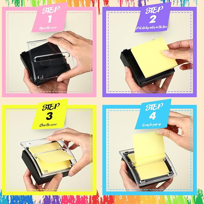 Thenshop 12 Pad Pop up Sticky Notes with 2 Pack Pop up Note Dispenser Note Holder Black Base Clear Top Self Stick Memo Pads Blank Adhesive Notes 3x3 Refills, 100 Sheet/pad(Assorted Colors)