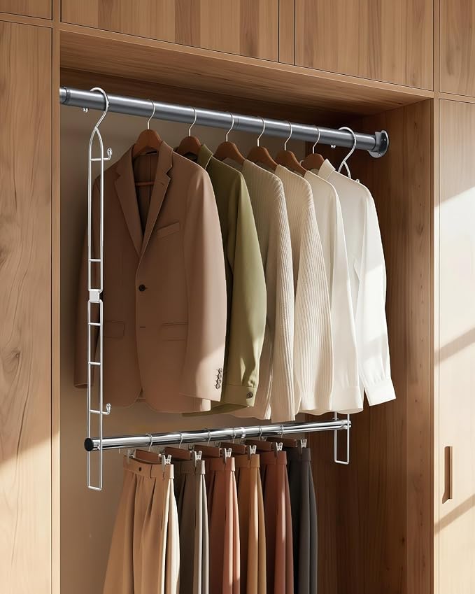 Supforce Hanging Closet Rod with Side Hooks, Adjustable Height & Width | 2 Pack, Stainless Steel, Expand Closet Space, Adjustable Fit for Any Closet, 88 lb Heavy-Duty Capacity, Tool-free Install