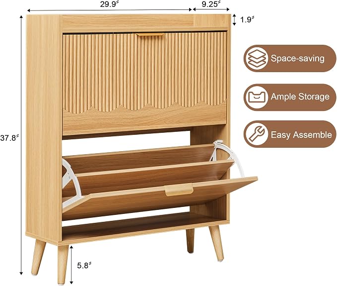 BERRYMERRY 30" Narrow Shoe Storage Cabinet with 2 Flip Drawers and Wave Fluted Design for Hallway Entryway Living Room Foyer (Fluted Natural 2 Drawer)