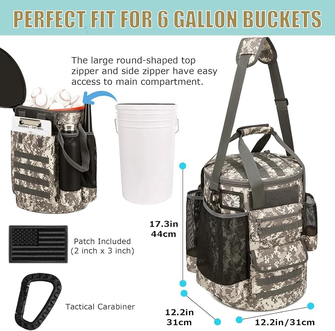 Baseball Bucket Bag Baseball Coaching Accessories Organizer Tactical Style Softball Bucket Bag with Anti-Slip Bottom, Multiple Pockets for Bat, Gloves, Scoreboards