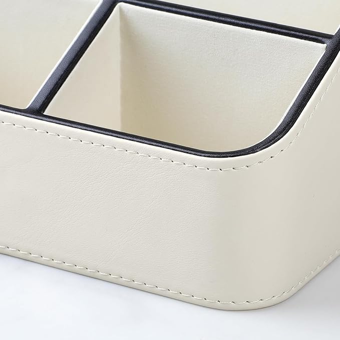 PU Leather Remote Control Holder, Nightstand Organizer with 4 Compartments | Luxury Desk Caddy with Velvet Lining, Small Desk Organizer for Living Room, Bedroom, Bedside, End Table, 6.8" x 6.7" x 4"