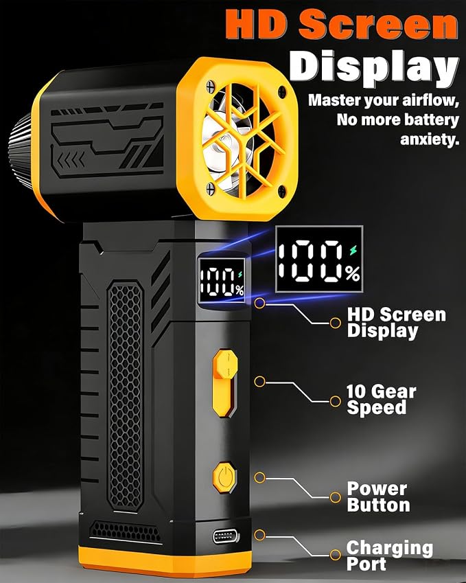 FT08 Compressed Air Duster, 1-10 Stepless Speed Adjustable | Powerful Electric Dust Blower with Display , 130000RPM Brushless Motor, Cordless Jet Fan for Keyboard PC Car Outdoor, Black