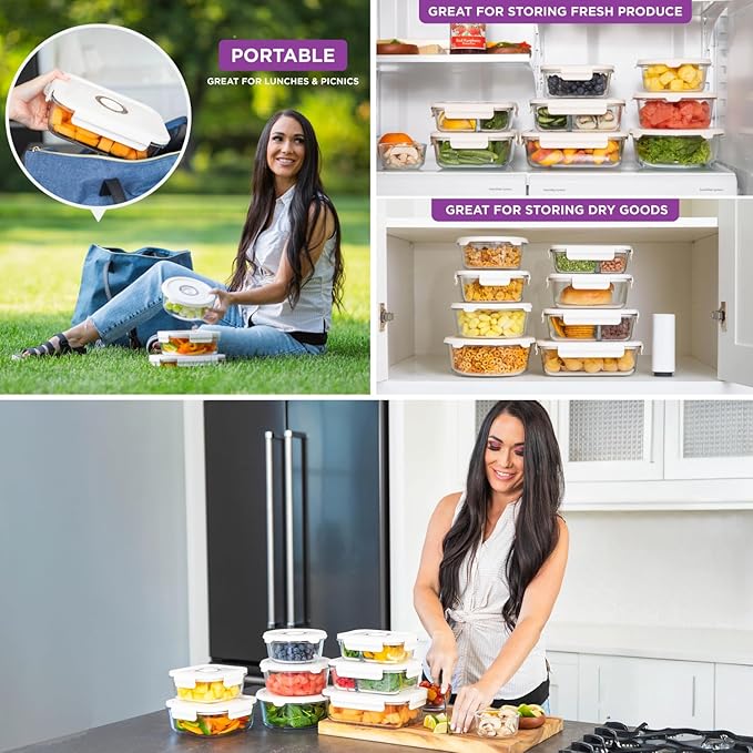 HOLDN’ STORAGE Vacuum Food Storage Containers, Set of 6 Glass Containers & Manual Pump - Keep Food Fresh Longer, BPA-Free Glass, Leak-Proof, Ideal for Meal Prep, Marinating