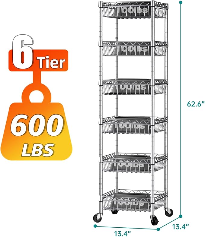 SINGAYE 6 Tier Shelf Wire Shelving Adjustable Storage Shelves Basket Rack | Adjustable Shelves with Wheels Metal Storage Unit Closet Bathroom Organizers Pantry Kitchen Garage Laundry Room Gray