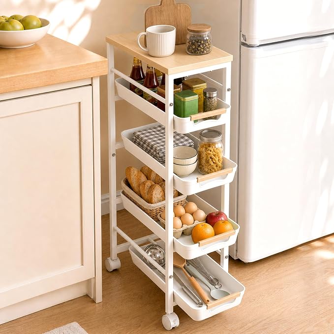 Pipishell Slim Rolling Storage Cart with Drawers & Lockable Wheels, 5 Tier Kitchen Cart with Safety Stops & Vented Design, Wood Top, Pull-Out Utility Cart for Kitchen, Bathroom, Laundry Room, White