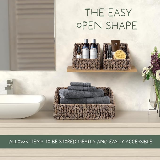 Set of 3 Handwoven Storage Baskets – Decorative Natural Wicker Organizer Bins with Built-in Handles for Bathroom, Kitchen, Pantry, Nursery, Closet, Laundry, Living Room, and Home Use