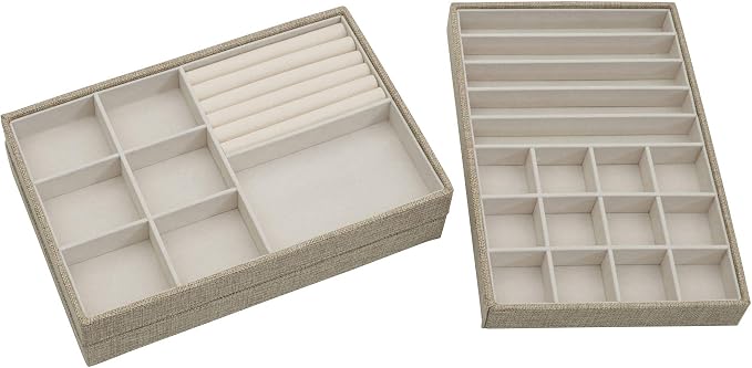 Household Essentials Stackable Jewelry Trays, 3 Varieties, Space for Necklaces, Rings and Earrings, Blended Canvas with Felt Interior, Perfect for Drawers and Closet Shelves, Latte
