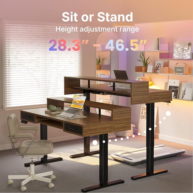 HUANUO 55″ x 26″ Electric Standing Desk with 2 Drawers &24.4″ Large Keyboard Tray, C-Clamp Mount Compatible, Adjustable Computer Desk for Office, Sit Stand Up Desk with 4 Height Presets, Deep Walnut