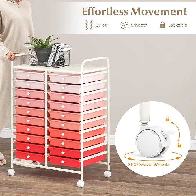 LDAILY 20-Drawer Rolling Storage Cart, Rolling Storage Cart, Storage Organizer on Wheels, Metal Frame, Scrapbook Paper Tools, Suitable for Office School, Classroom (Gradient Pink, 20 Drawer)