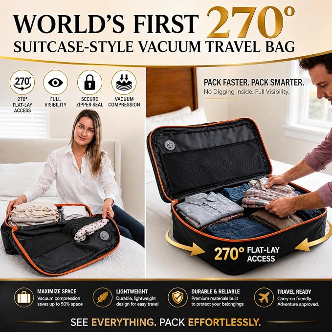 40L Premium Travel Vacuum Bags with Pump, 270° Open Carry on Suitcase Compression Bags for Luggage, Reusable TPU Zipper Seal, Vacuum Bags for Travel with Pump, 2 Pack Compression Kit, Straps & Tracker