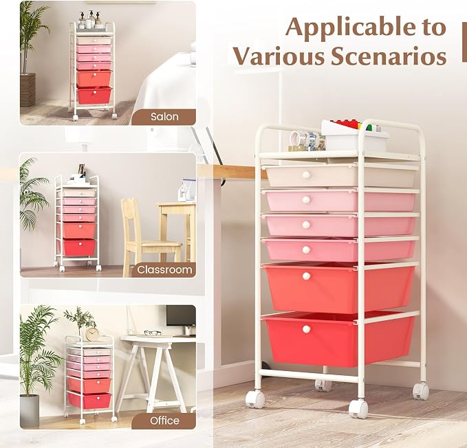 DREAMADE Rolling Cart with Storage Drawers, Utility Cart with Removable Plastic Drawers, Lockable Wheels, Art Cart for Classroom Organization Art Supplies Office Scrapbook (6 Drawers, Mixed-pink)