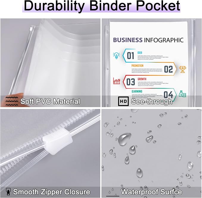 Antner 12 Pack Letter Size Binder Pockets 3 Holes Zipper Binder Folders for 3-Ring Binder, Clear PVC Loose Leaf Bag Binder Pouch Insert Pages Sheet Protectors Waterproof Document Filling Storage Bags
