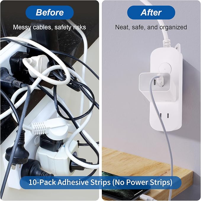10-Pack Self-Adhesive Mounting Strips for Power Strips – 3.95” x 1.58”, Punch-Free Wall Socket Holder for Home, Kitchen, and Office, Adhesive Only