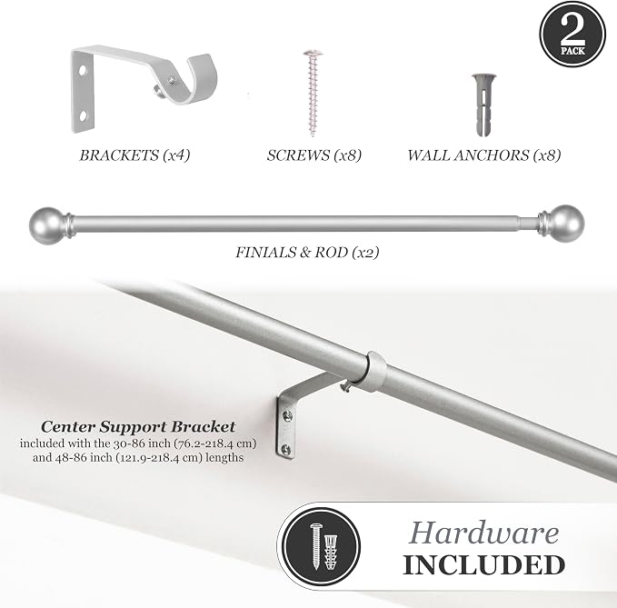 Kenney Chelsea Ball End Window Curtain Rod, 48-86 Inch Adjustable Rod Set, Brushed Nickel Silver Finish, 2 Pack