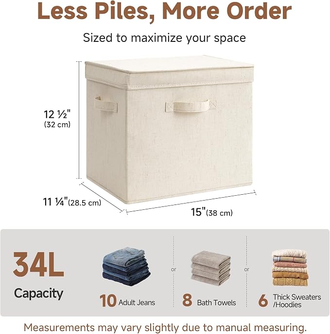StorageWorks Storage Bins with Lid, Decorative Fabric Storage Bins with Handles, Stackable Closet Organizers for Shelves and Bedroom, Large, Beige(Natural Fabric), 2-Pack