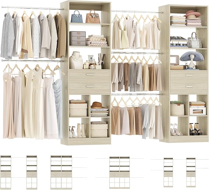 Besiost Closet System, 7.4ft-10ft with 4 Wooden Drawers and 5 Hanging Rods, Can Fit 88 to 123 inch Walk-in Closet System, White Oak