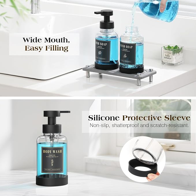 Luxspire Foaming Soap Dispenser, Non-Slip Hand Soap Dispenser with Fast Drying Tray, 15oz Glass Refillable Liquid Bottle for Bathroom & Kitchen, 2 Pack, Transparent + Dark Gray