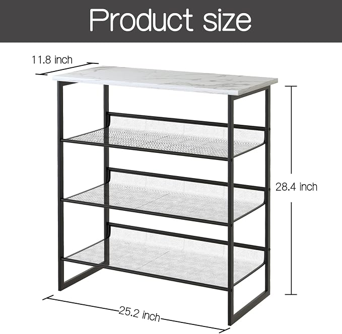 Garden 4 you Shoe Rack for Entryway 4 Tiers 11.8" D x 25" W x 28" H, Metal Shoe Rocks with White Wooden Tabletop, Angled Shoes Rack with Adjustable Mesh Shelves for Entryway Hallway Closet