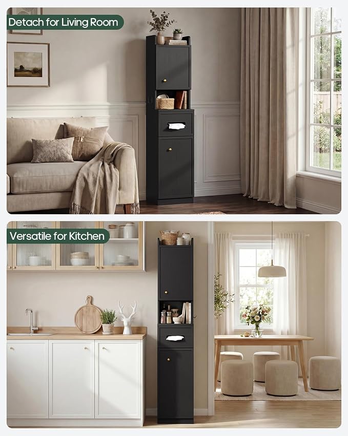 7-Tier Over Toilet Storage Cabinet, 2-in-1, Separable Bathroom Storage | Over-Toilet and Tall Narrow Cabinet, with Doors, Adjustable Shelf, Big/Small Room, Laundry, Tissue Holder, Anti-Tip