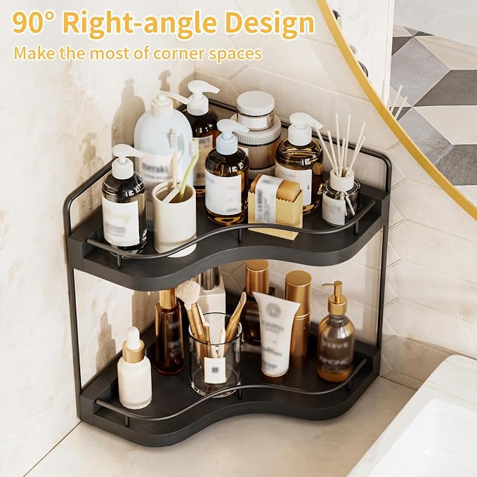 2-Tier Corner Bathroom Counter Organizer for Storage, Black | Larger Size, Solid Wood, Embedded Screw Holes, sink and Vanity Countertop Organizer for Perfume, Skincare & Makeup Storage