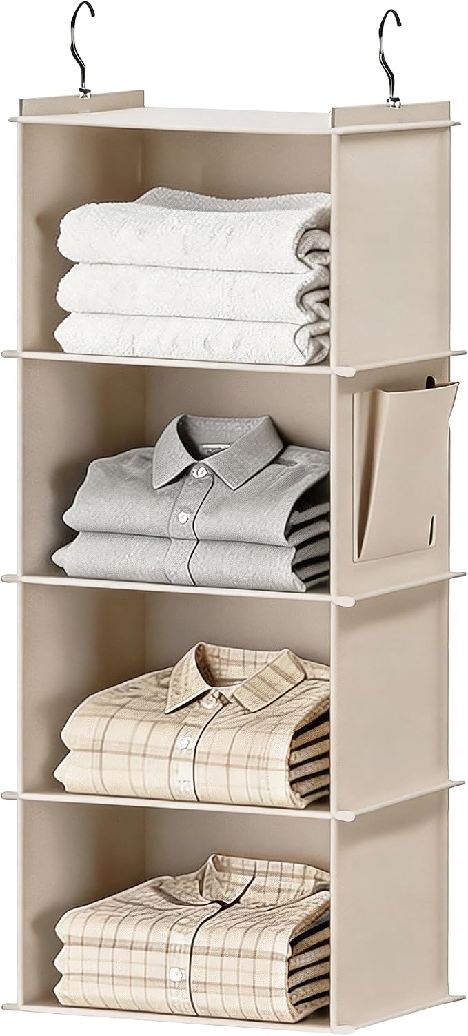 Foldable Hanging Closet Organizer, 4-Shelf Hanging Shelves with Side Pockets, Space Saving Storage for Clothes and Accessories