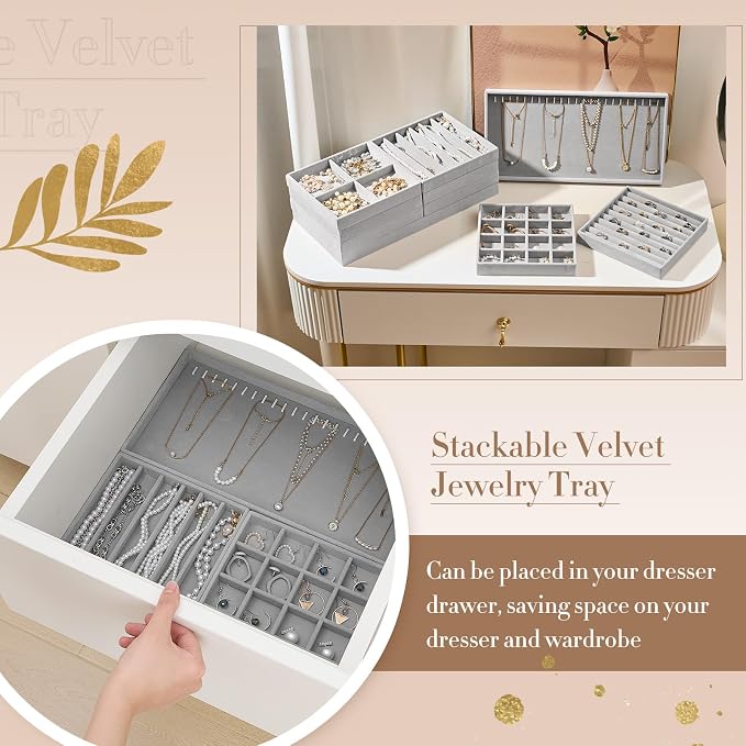 Cinnvoice Set of 10 Stackable Jewelry Organizer Trays for Drawer 14 Inch Velvet Jewelry Drawer Insert Display Storage with Removable Divider for Necklace Earring Ring Watch Bracelet (Gray)