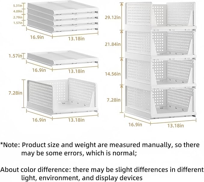 Multi-Functional Stackable Plastic Storage Baskets - 4 Pack Foldable Closet Organizers for Wardrobe, Kitchen, Bathroom, Office, Dorm - Easy Assembly