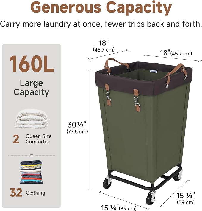 StorageWorks 160L Laundry Basket with Wheels, Large Rolling Hampers for Clothing Organizer, Dirty Clothes Basket for Hotel, Home, Closet, Dorm, Green
