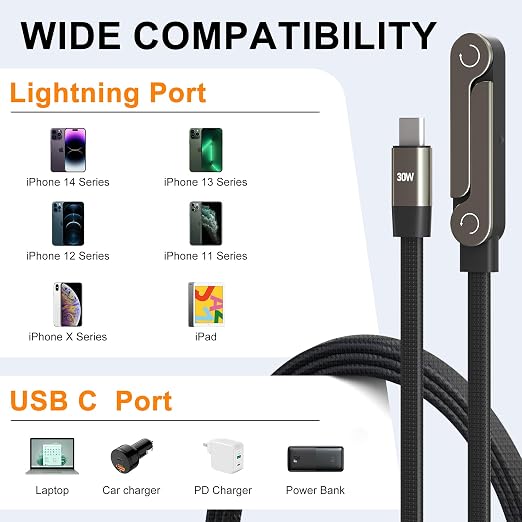 2-in-1 Invisible Holder Charger Cable, 30W PD Fast Charging Sideways Cord with Built-in Phone Stand, 90 Degree USB-C to Lightning Cable for iPhone 14/13/12/11/X/XR, iPad (2Pack)