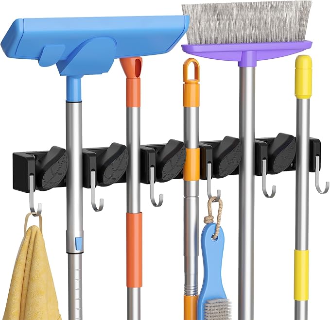 Lifewit Broom and Mop Holder Wall Mount, Non-Slip Cleaning Tool Hanger Organizer with 6 Hooks 5 Slots, Heavy Duty Hanging Broom Utility Rack for Kitchen, Garden, Garage, Laundry, 1 Pack, Black