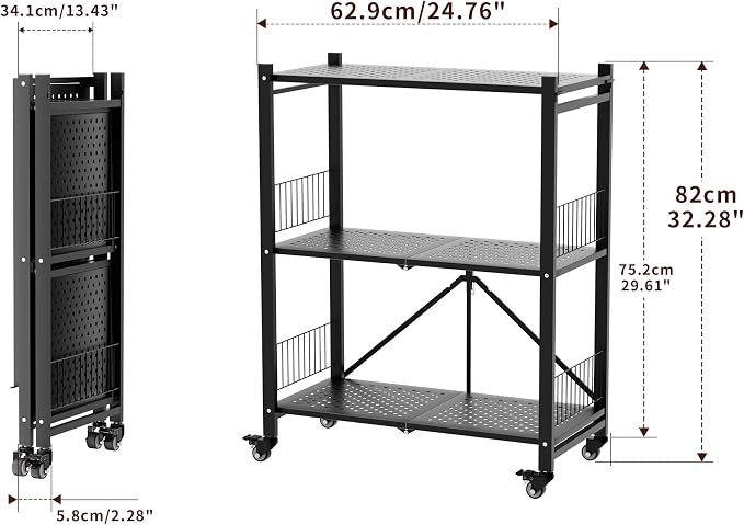 Folding Storage Shelves No Assembly, 3 Tier Metal Foldable Shelves with Wheels, Collapsible Rolling Storage Rack for Laundry Room Garage Small Spaces, Black