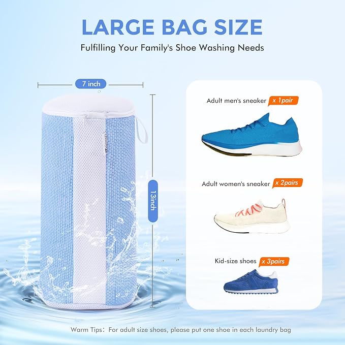 2-Pack Shoe Washing Machine Bags for Sneakers & Delicate Shoes, Blue | 3X Fade-resistant Fabric and 20,000+ Dense Fibers Lift Dirt, Protect Shoes and Reduce Scrubbing, Washer / Dryer Safe