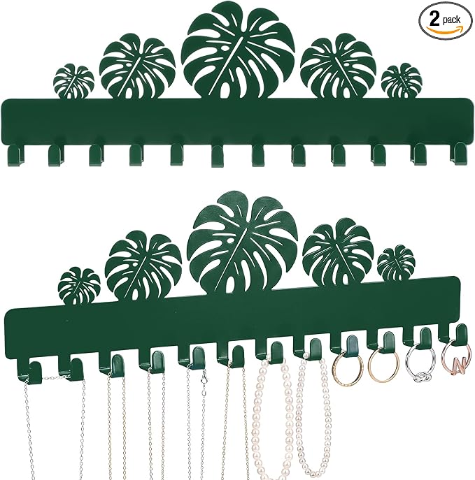 Hicarer 2 Pack Monstera Leaf Necklace Holder Wall Mount with 24 Hooks Adhesive Metal Plant Hook Boho Wall Decor Jewelry Organizer for Earrings Bracelets Rings Keys Bedroom Bathroom Dorm