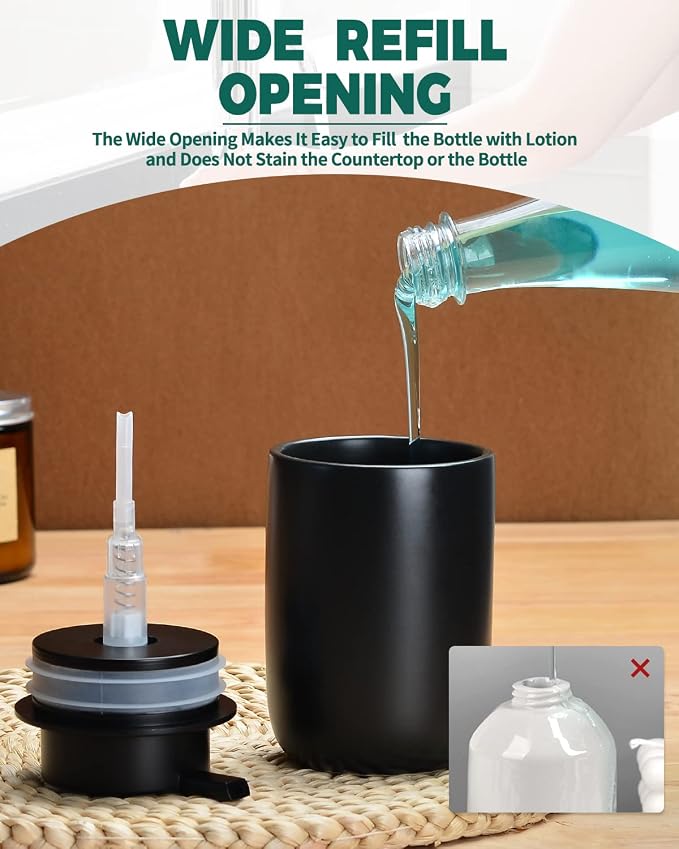 BosilunLife Lotion Pump Dispenser for Kitchen, Bathroom Countertop | Matte Black Soap Dispenser Bathroom Ceramic Dish Liquid Soap Dispenser