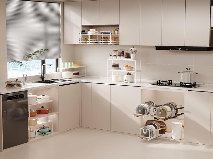 Magheo Expandable Kitchen Countertop Organizer, 1 Pack Stackable Cabinet Shelf Risers, Metal Spice Rack Heavy Duty Counter Organizer Storage for Kitchen, Pantry, Cupboard, Rv (8.7in Height,White)