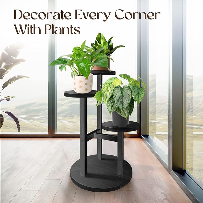 GEEBOBO 3 Tier Plant Stand Indoor, Tiered Wood Plant Stand for Indoor Plants, 21" Height Space Saving Small Corner Plant Shelf, Plant Stands for Tabletop, Balcony, Living Room (Black)