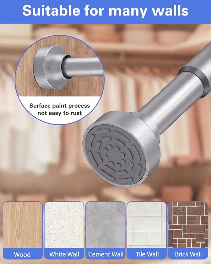 Closet Rod, No Drill Tension Closet Rod for Hanging Clothes, 17-99in,Silver | Quick Tool-Free Install, Non-Slip Rubber Ends Grip Securely, Heavy-Duty Rod Supports Up To 66 lb In Closet, Laundry Rooms, RV