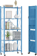 DEANIC 5-Shelf Folding Bookcase with Wheels, Heavy Duty Storage Shelves, Freestanding Metal Wire Shelving Unit for Living Room, Office, Kitchen, Basement, Pantry(Blue)
