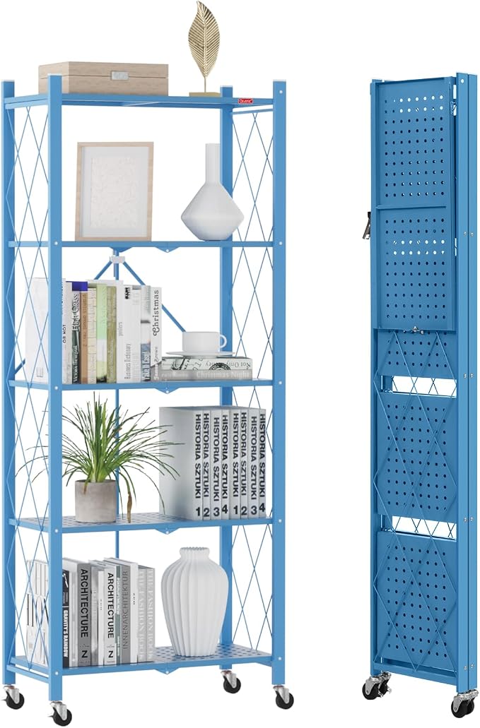 DEANIC 5-Shelf Folding Bookcase with Wheels, Heavy Duty Storage Shelves, Freestanding Metal Wire Shelving Unit for Living Room, Office, Kitchen, Basement, Pantry(Blue)