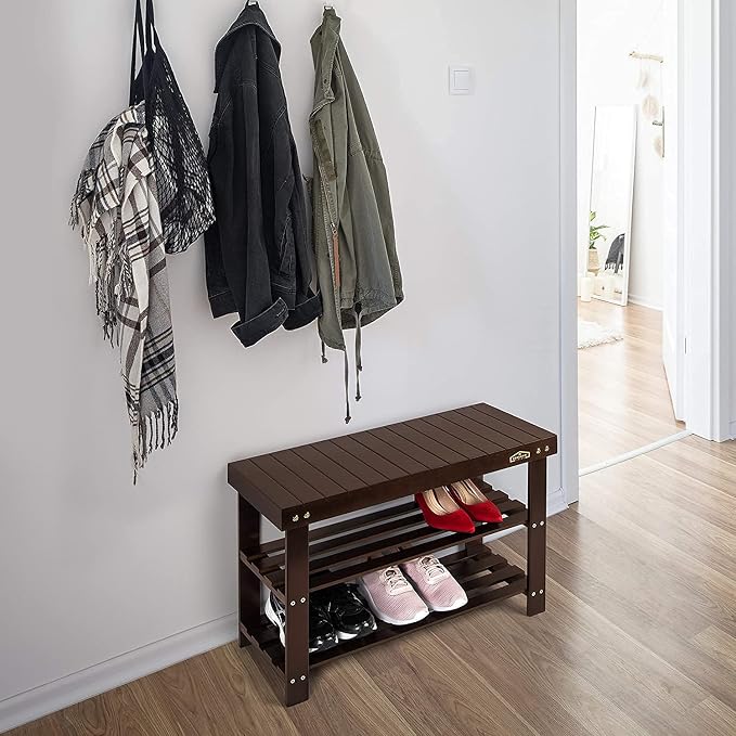 Homemaid Living Bamboo 3 Tier Shoe Rack Bench, Premium Shoe Organizer or Entryway Bench, Perfect for Shoe Cubby, Entry Bench, Bathroom Bench, Entryway Organizer, Hallway or Living Room(Brown)