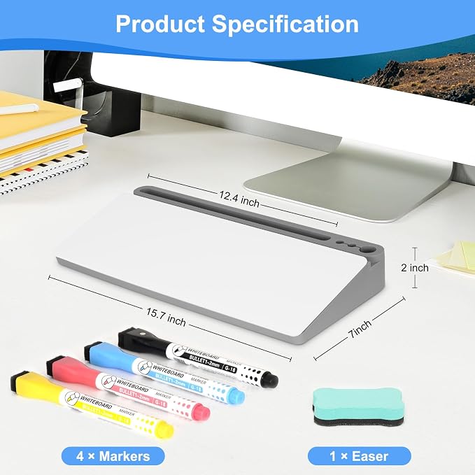 Desktop Glass Whiteboard with Storage, Desk Dry Erase White Board Grey | Computer Keyboard Stand, Office Desk Organizers and Accessories with Drawer, To Do Memo Notepad, Home School Supplies