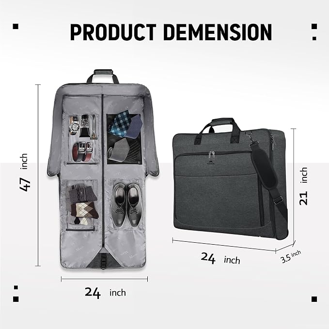 MATEIN Garment Bags for Hanging Clothes, Large Travel Suit Bag with Strap | Foldable Luggage Bag, Wrinkle-Free, Clothing Suitcase, For Traveling Business Trips, For Men Women, Dark Grey