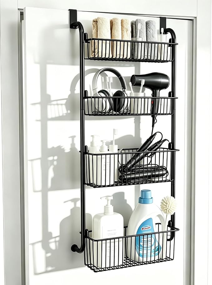 Purebox 4-Tier Over The Door Pantry Organizer & Spice Rack, Heavy Duty Deep Basket Storage with Thickened Carbon Steel Frame & Anti-Shake Suction Cups, Hanging Rack for Kitchen Bathroom Laundry