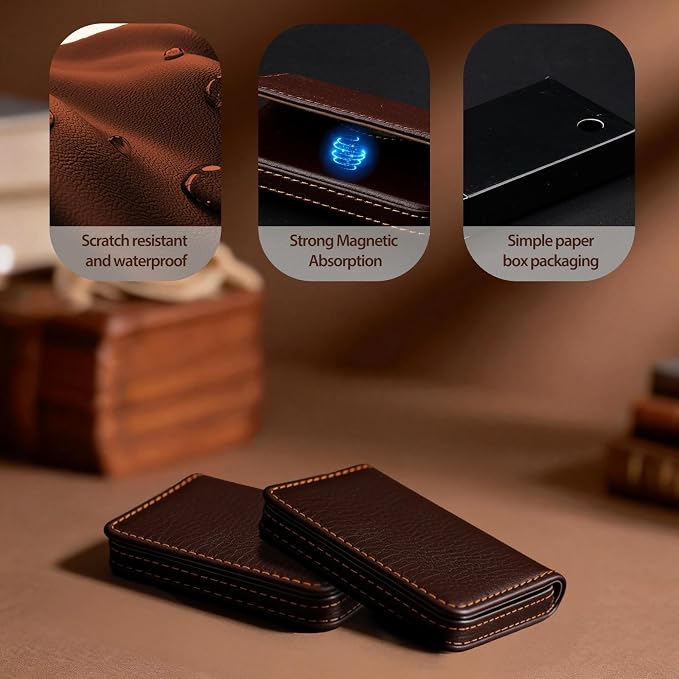 Business Card Holder PU Leather with Magnetic Closure, Slim Pocket Name Card Case for Men & Women, Professional Card Wallet for Office & Travel (Brown)