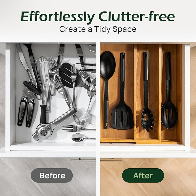 Carbonized Bamboo Kitchen Drawer Organizer, 5 Slots Expandable Silverware Organizer, Utensil Holder & Cutlery Tray, 2.2" Deep for Extra Capacity, Non-Slip Feet Included.