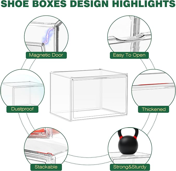 3 Pack X-Large Acrylic Shoe Display Case Size 14 Clear Stackable Handbag Organizer Sneaker Storage Box Shoe Contianers with Magnetic Door Purse Organizer for Closet