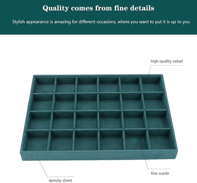 Large Velvet Jewelry Tray, Drawer Organizer for Jewelry in Dresser, Stackable Jewelry Drawer Organizer Inserts for Earring Necklace Bracelet Rings(Green,24grid)